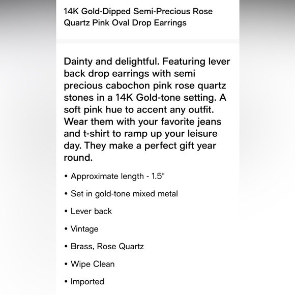 1928 14k Gold Dipped Semi Precious Rose Quartz Pink Oval Earrings NWT - Picture 4 of 4